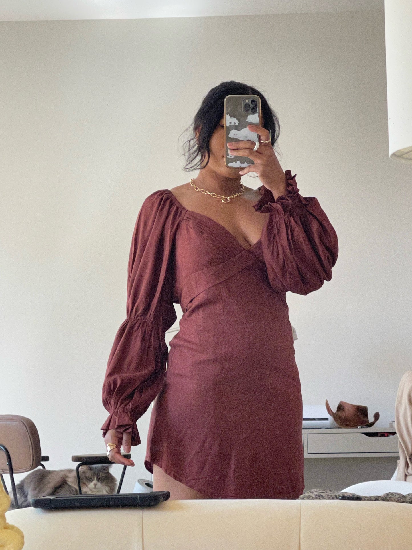 Patricia Puff Sleeve Open Back Linen Dress In Brown
