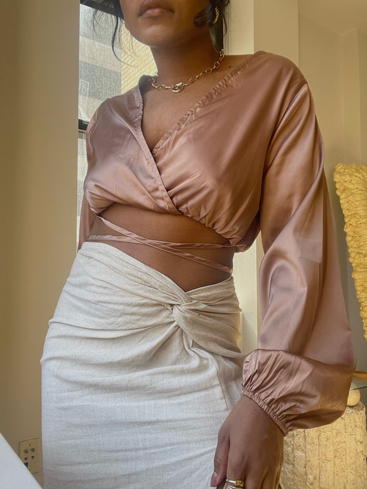 Charlie Cross Front Long Sleeve Strap Crop Top In Toast