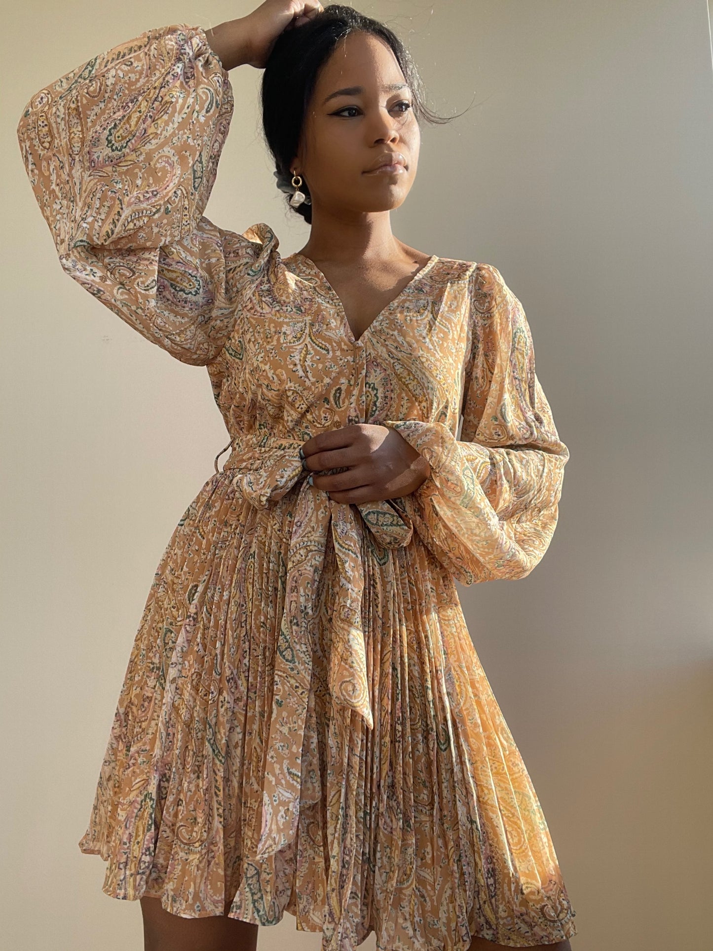 Ginger Pleated Party Dress In Mustard