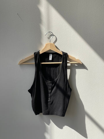 Trinity Cotton Razor Back Snap Front Ripped Crop Tank In Black