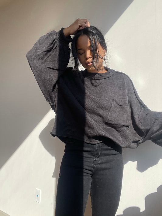 Charlie Oversized Cropped Single Pocket Sweater In Black