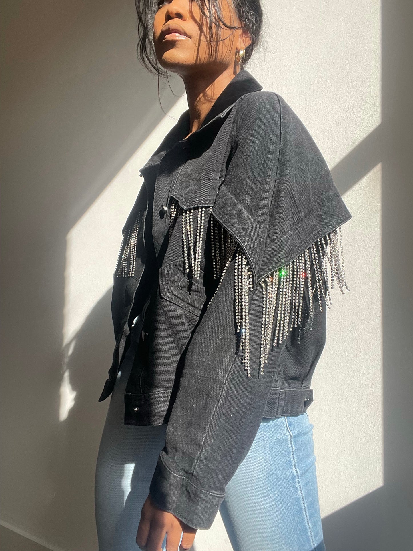 Carmen Fringe Diamond Drip Denim Jacket In Black