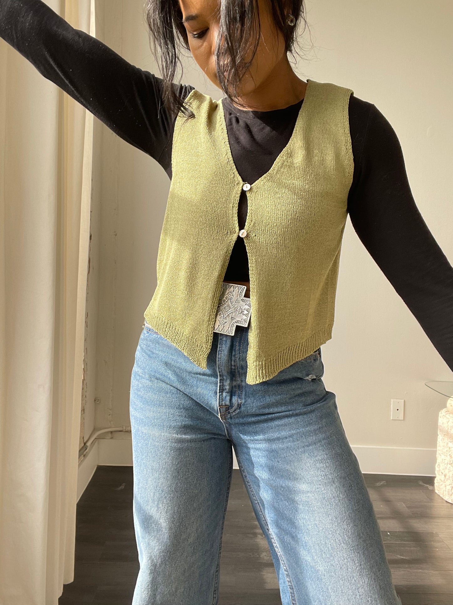 Jolene Button Front Knit Vest In Green
