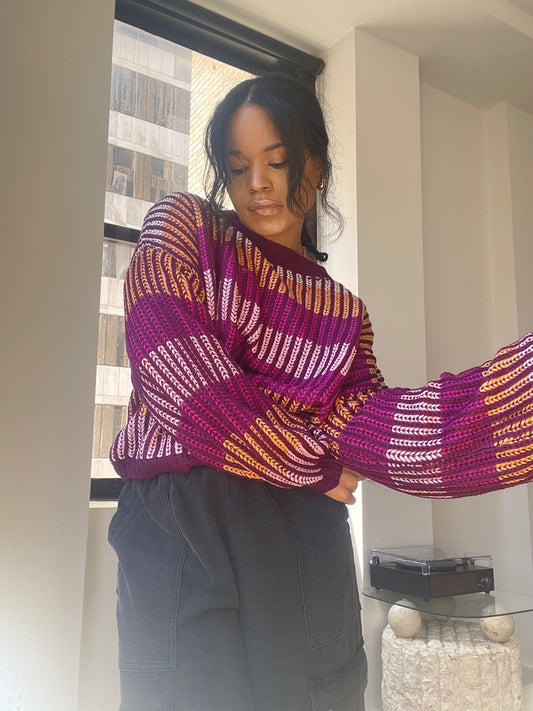 Lori Colorblock Stripped Pullover In Wine
