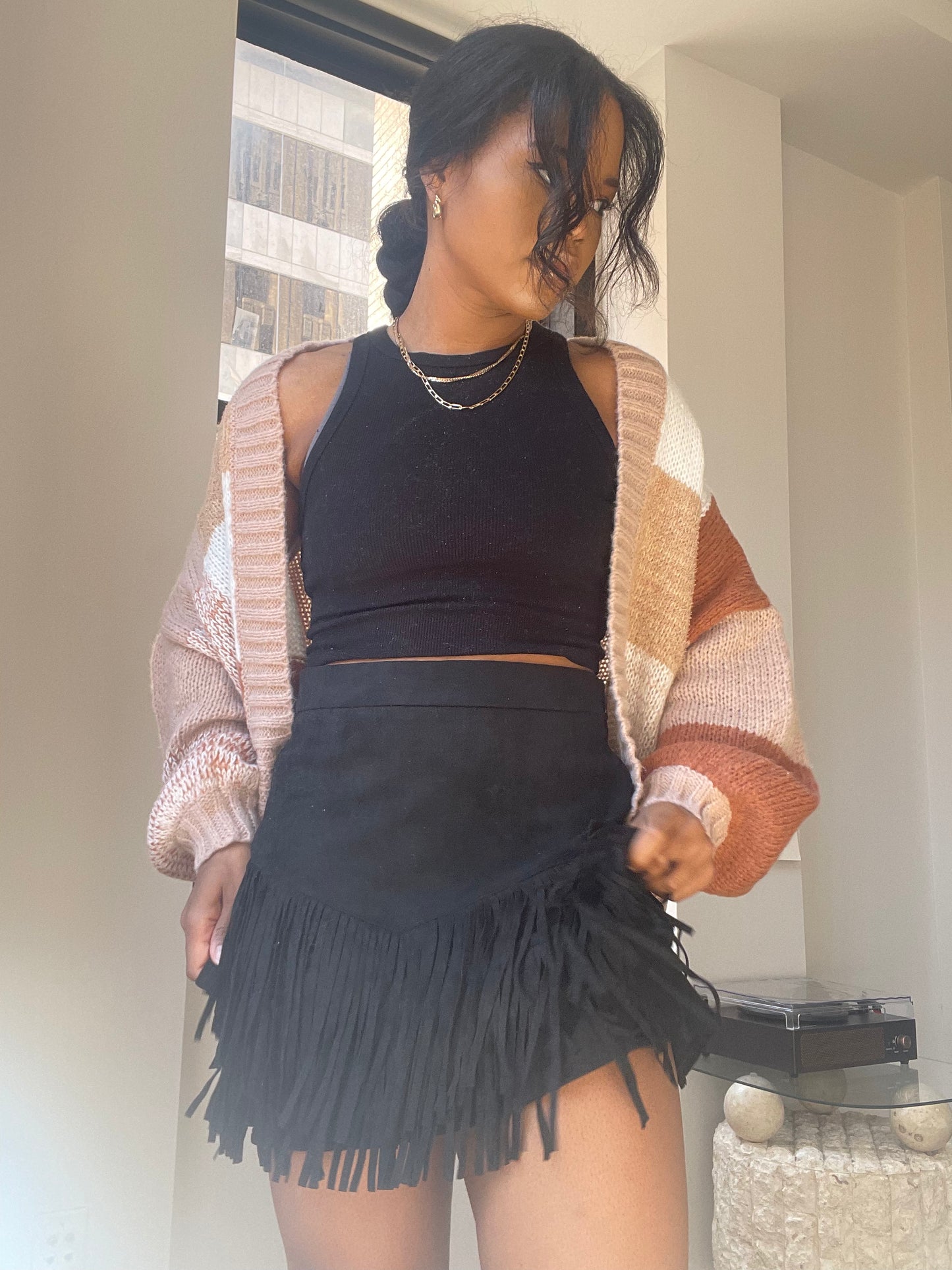 Payton Suede Fringe Mini Skirt In Black