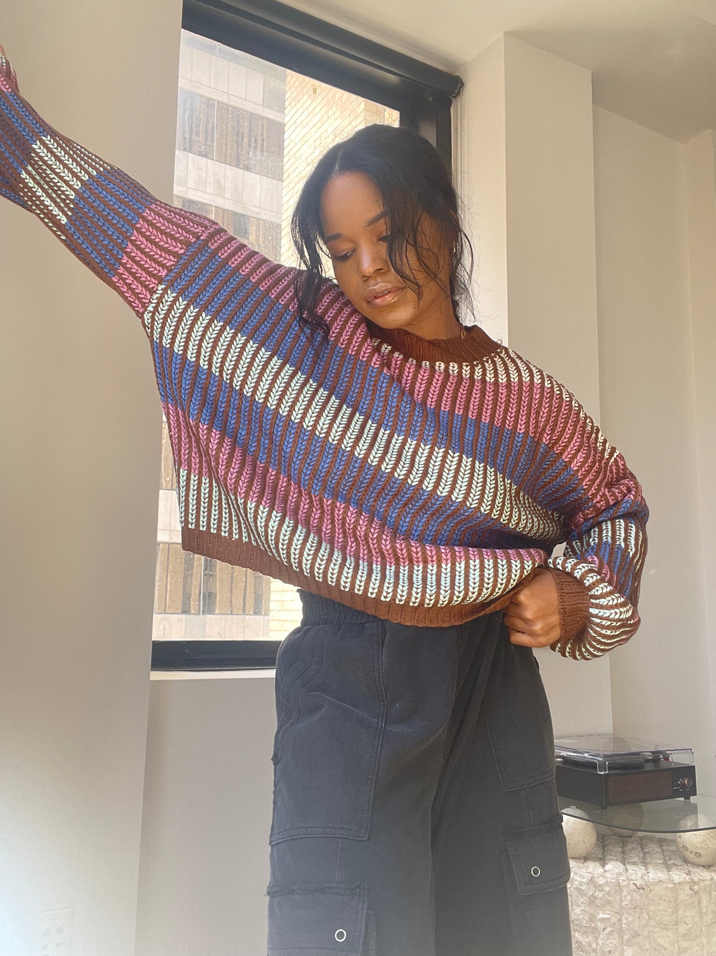 Lori Colorblock Stripped Knit Pullover In Baby Pink
