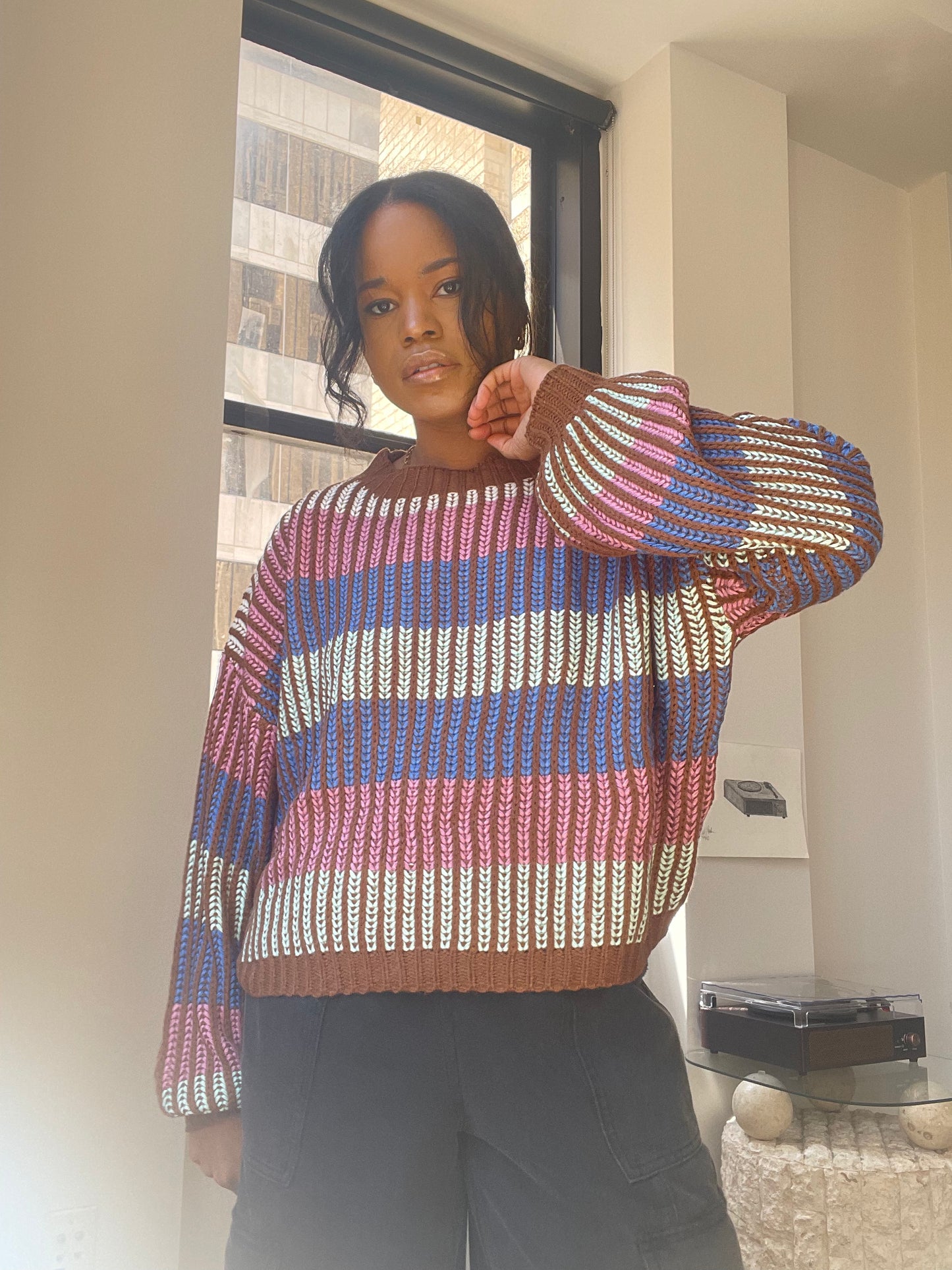 Lori Colorblock Stripped Knit Pullover In Baby Pink