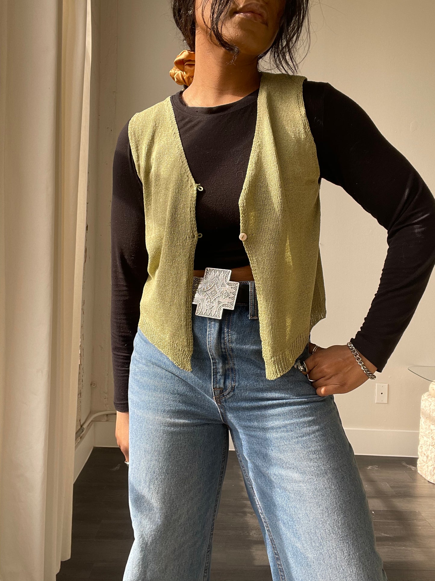 Jolene Button Front Knit Vest In Green