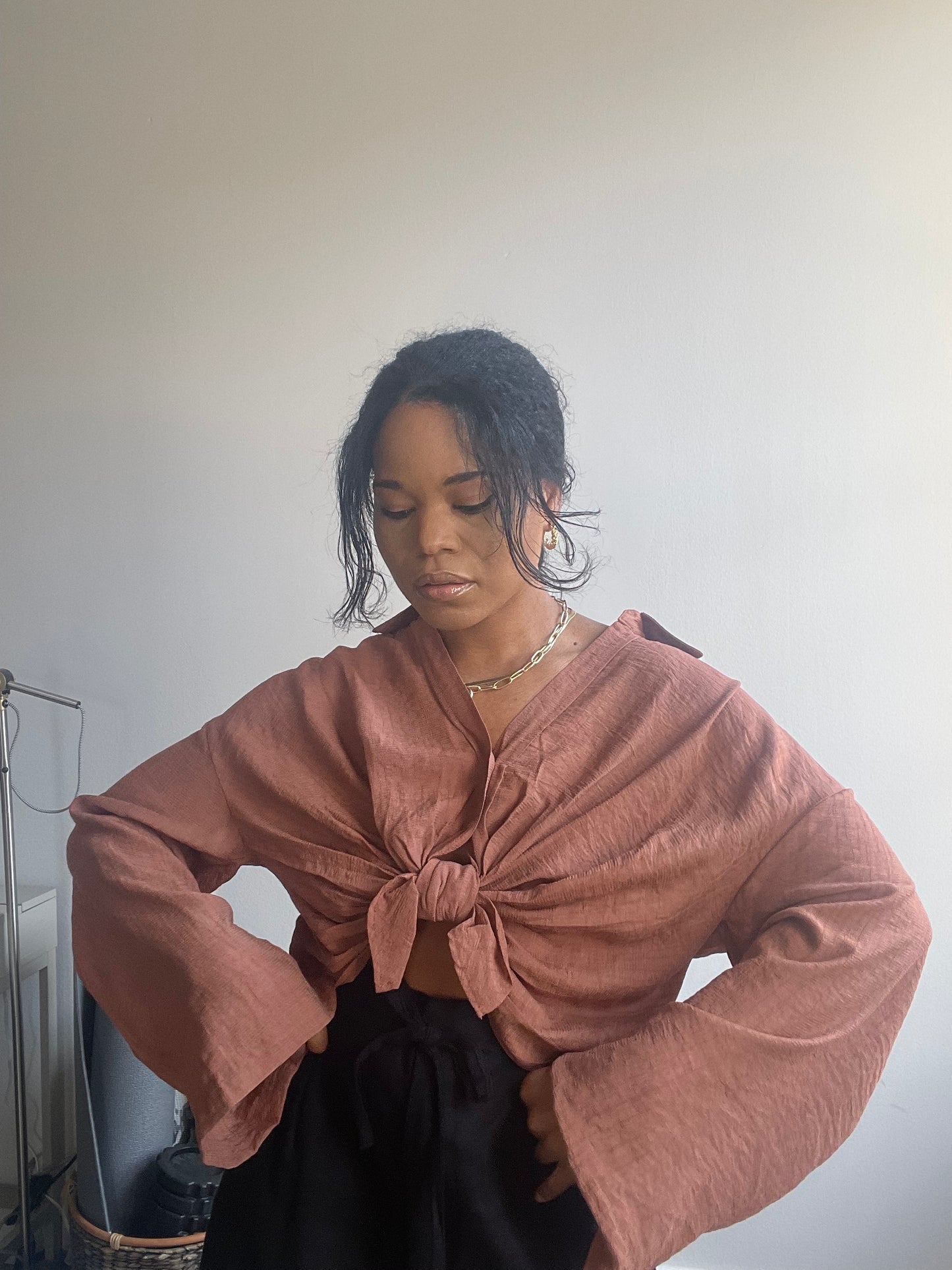 Reworked Tie Front Long Sleeve Top In Brown