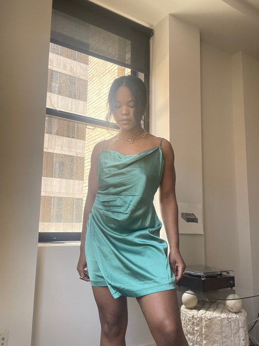 Carol Cowl Neck Mini Dress In Satin Sage