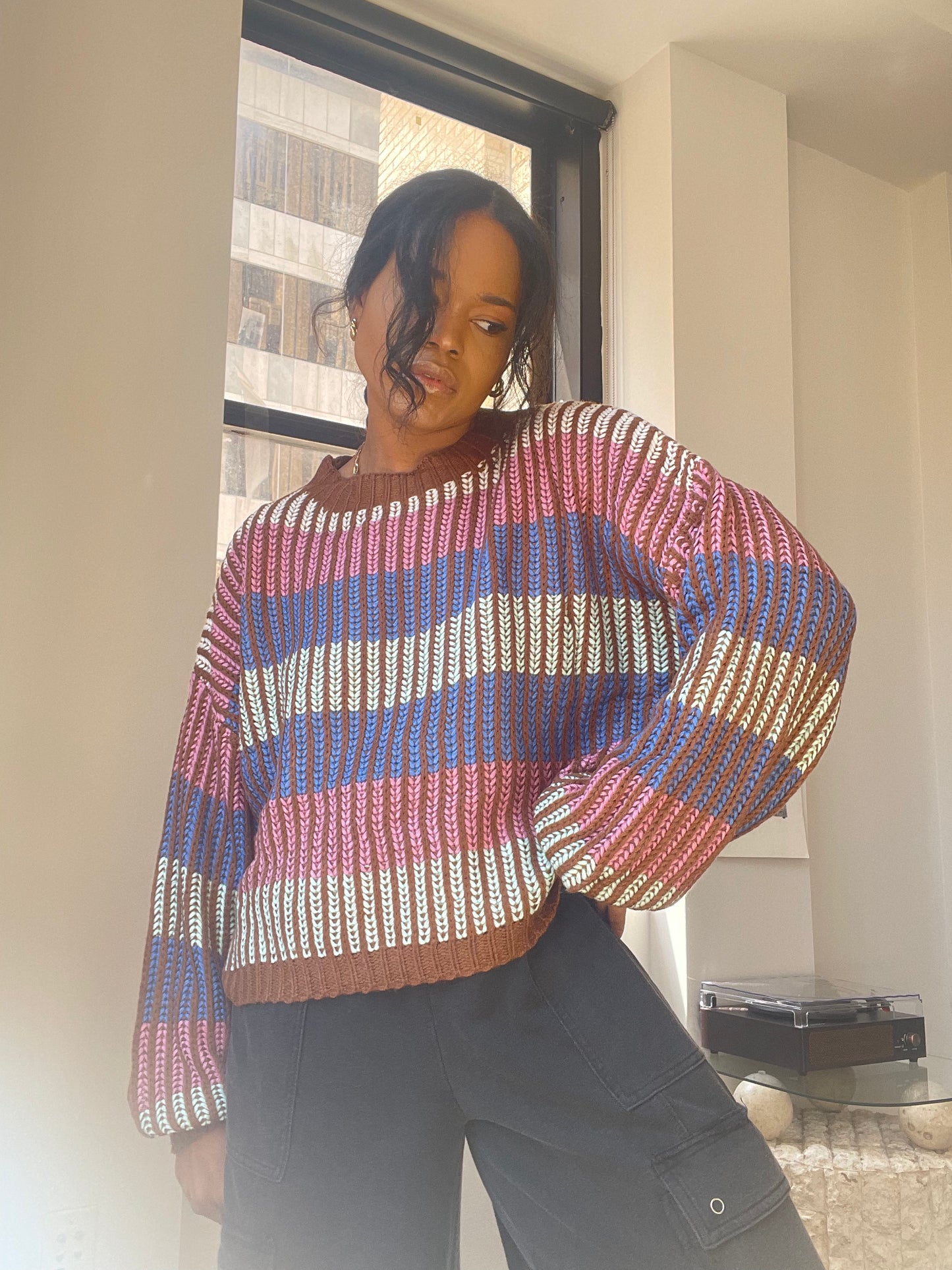 Lori Colorblock Stripped Knit Pullover In Baby Pink