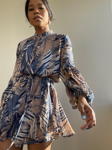 Tegan Woven Balloon Sleeve Dress In Navy