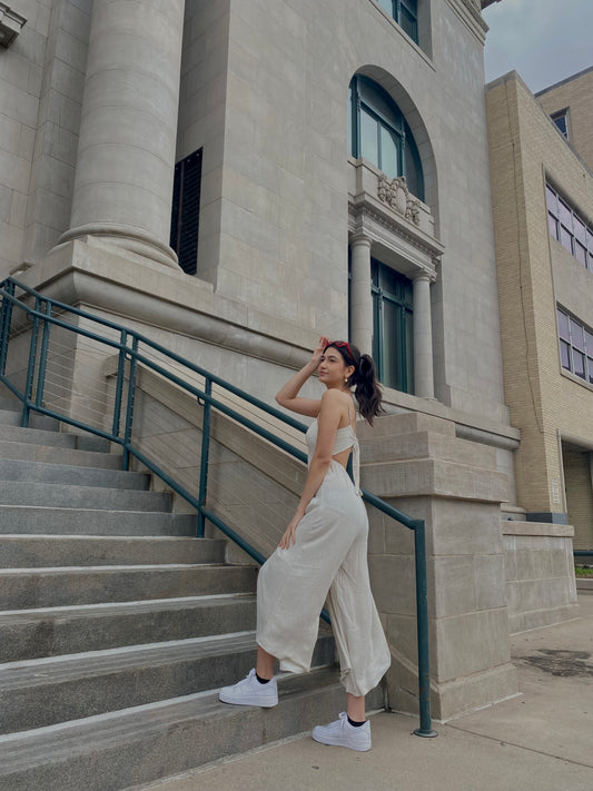 Jackie Open Back Linen Jumpsuit In Taupe