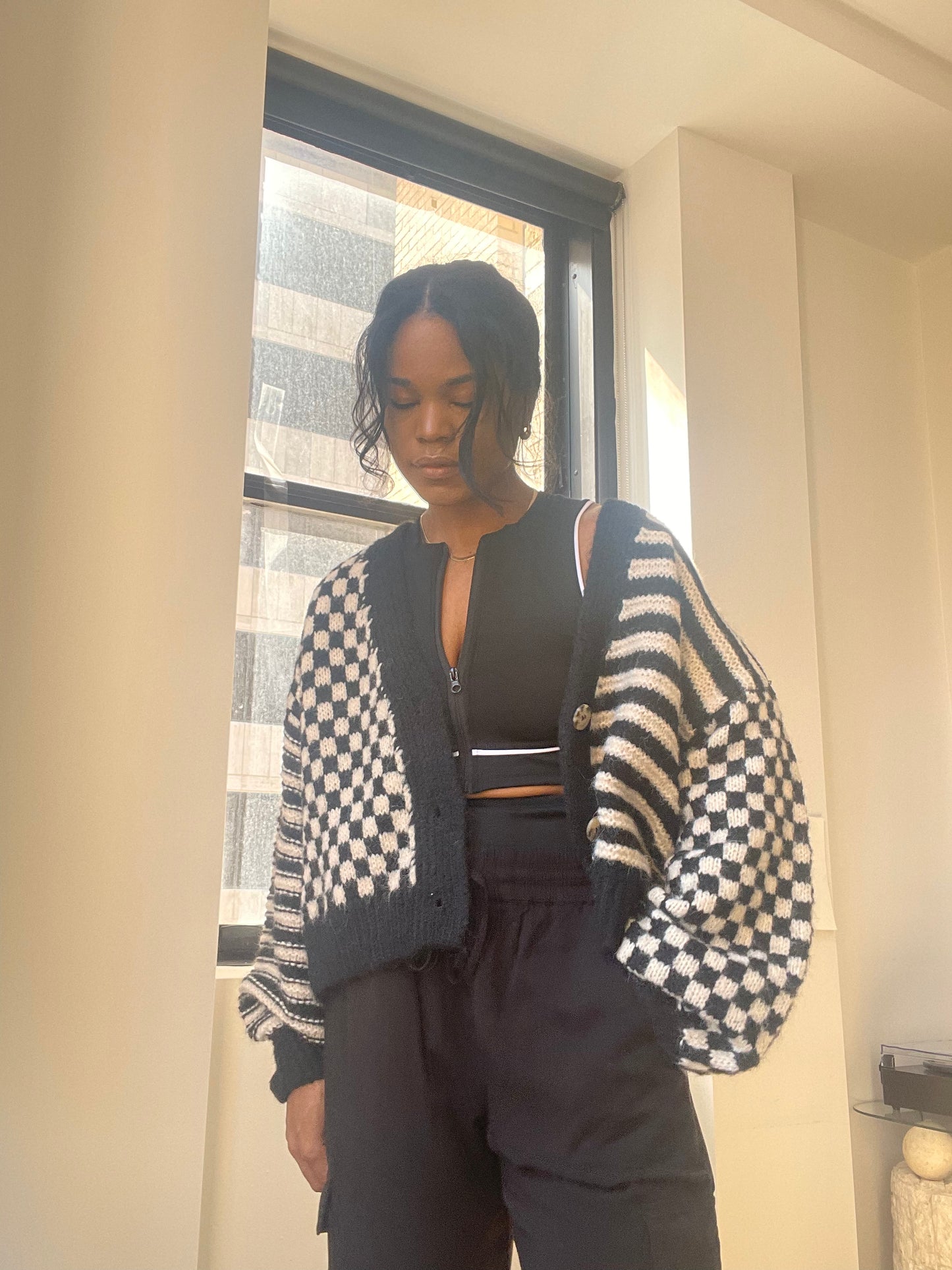 Thea Check & Stripe Knit Oversized Sweater In Black & Ivory