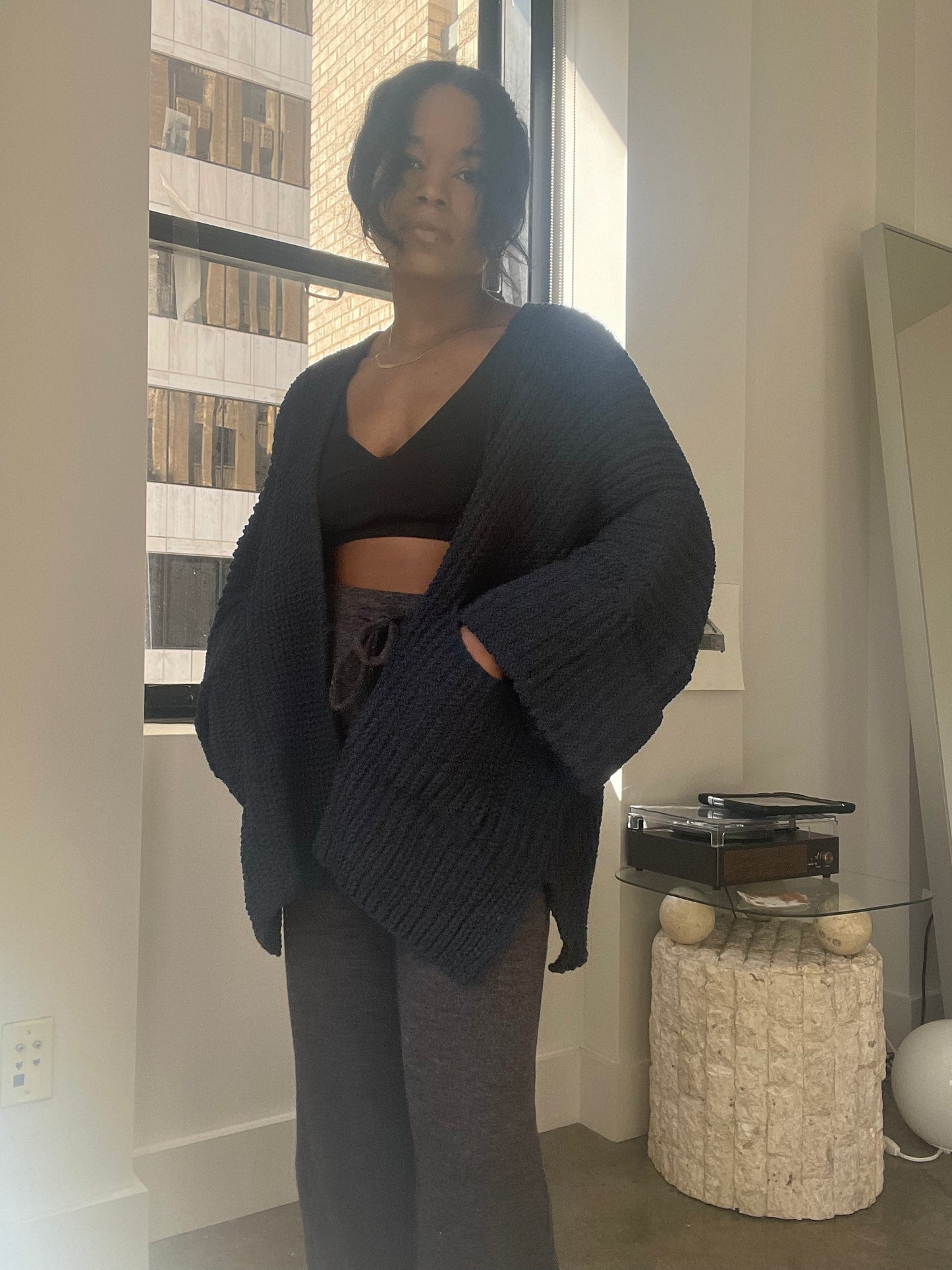 Paige Open Front Crop Chunky Knit Sweater In Midnight
