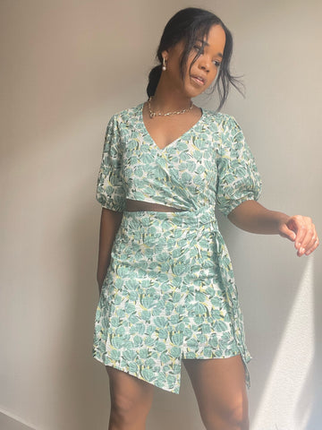 Rachel Side Cut Out Mini Dress In Floral Green