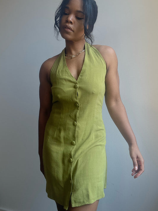 Donna Linen Button Down Halter Dress In Green