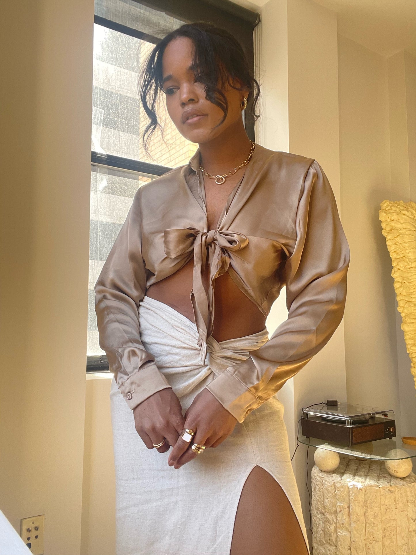 Kylie Tie Front Silky Top In Toast