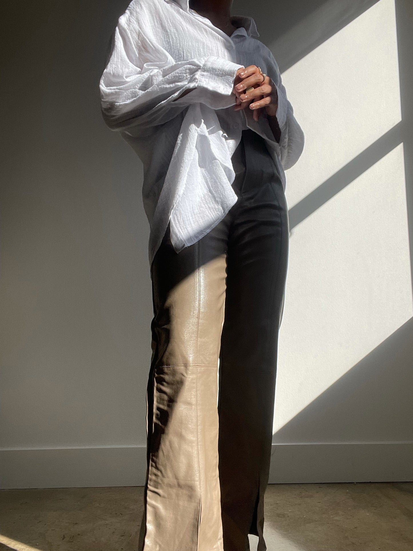 Leila Vegan Leather Split Pants In Taupe