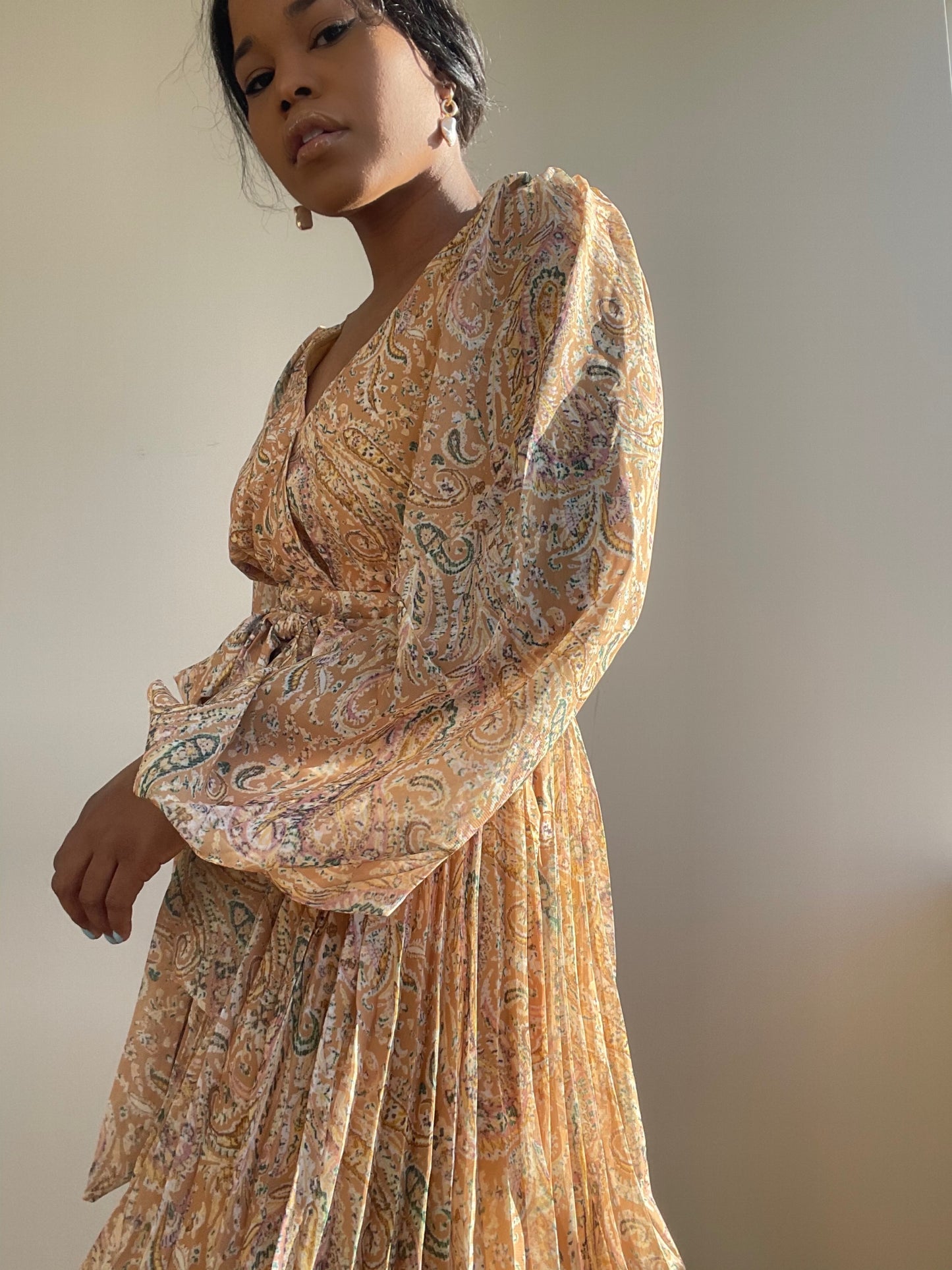 Ginger Pleated Party Dress In Mustard