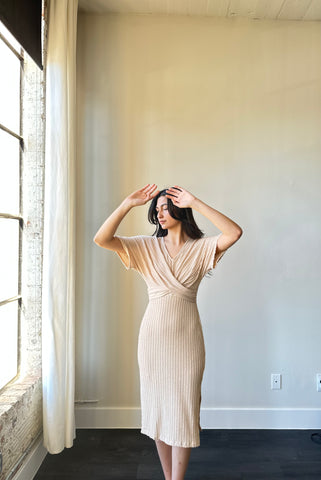 Rachel Twist Rib Front Cross Midi Dress In Taupe