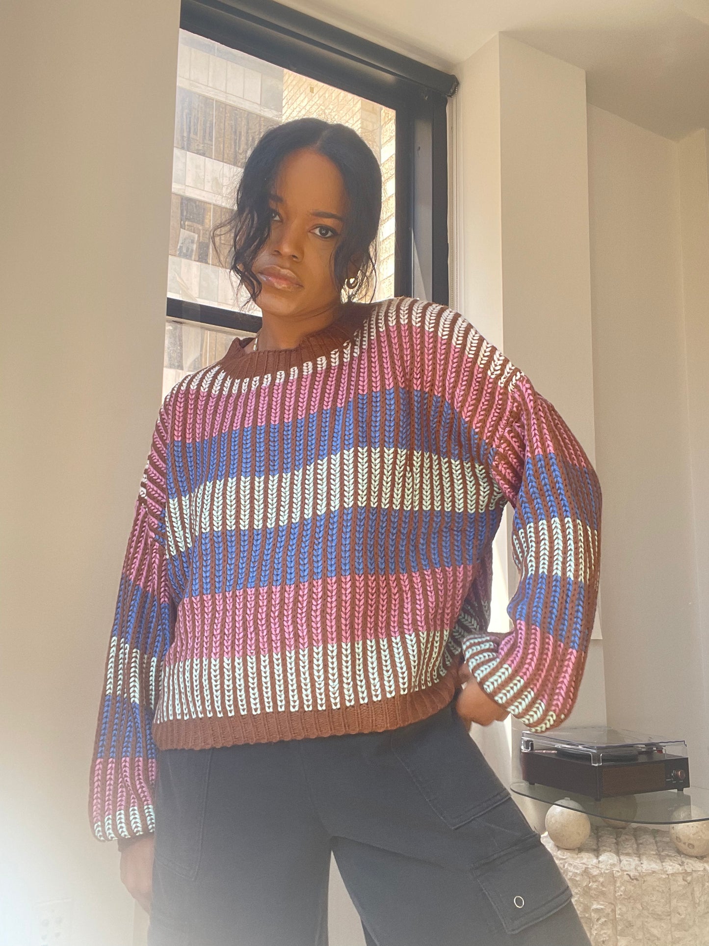 Lori Colorblock Stripped Knit Pullover In Baby Pink