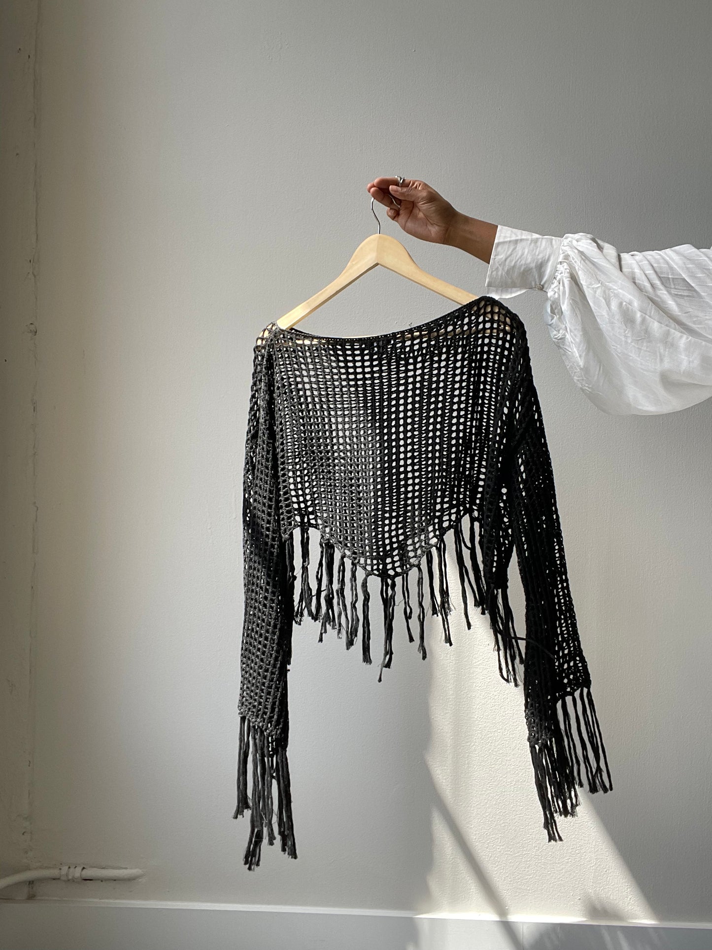 Sagan Crochet Cotton Fringe Long Sleeve Top In Black