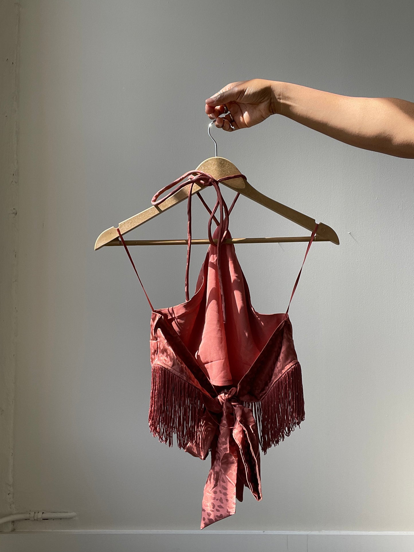 Margaret Fringe Halter Top In Brown Brick