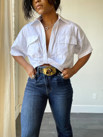 Haley Cotton Open Front Crop Shirt Top In White