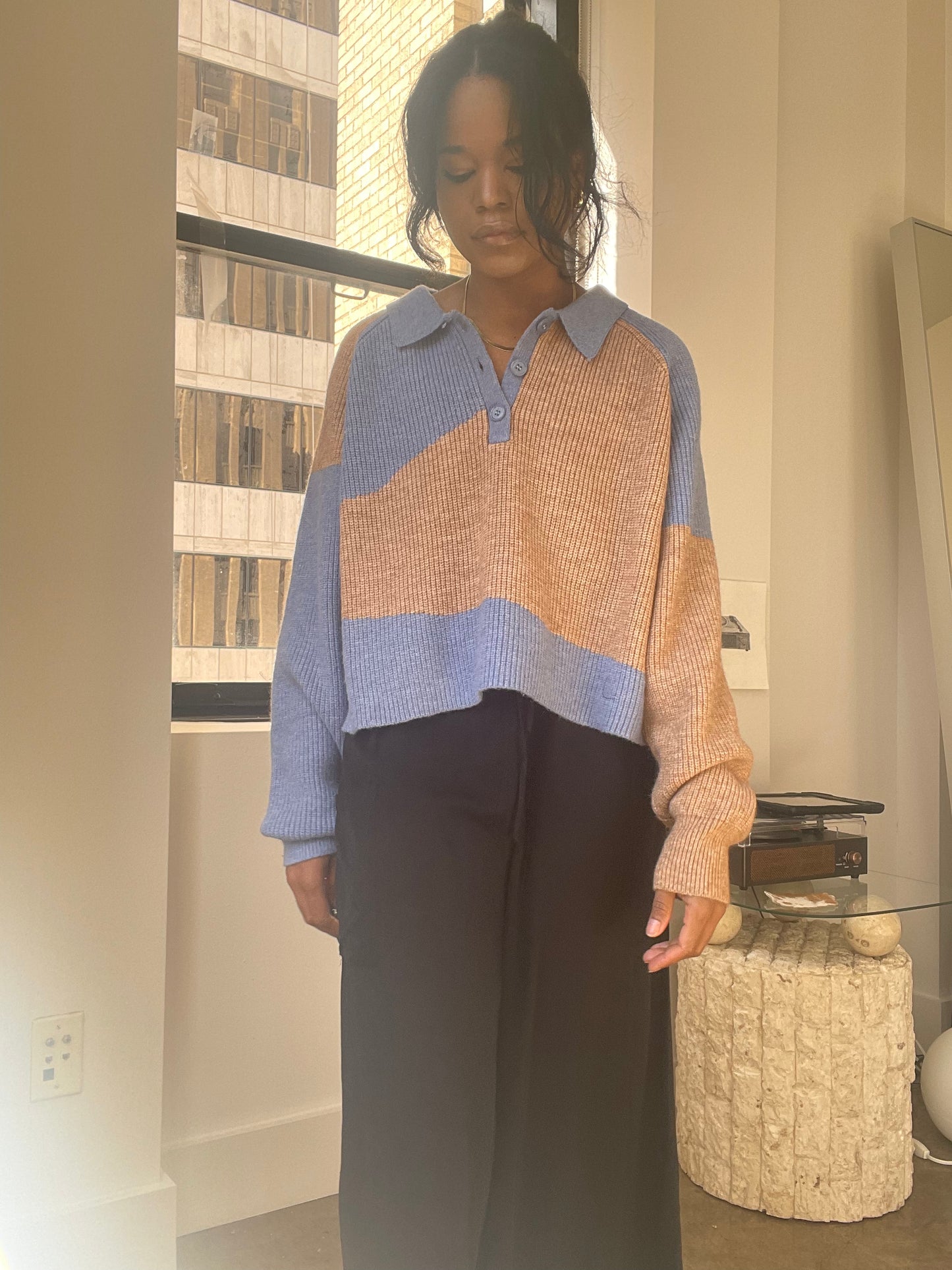 Jamie Half Button Front Color Block Knit Pullover In Taupe Blue