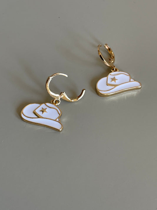 Cowgirl Hat Drop Earring In White