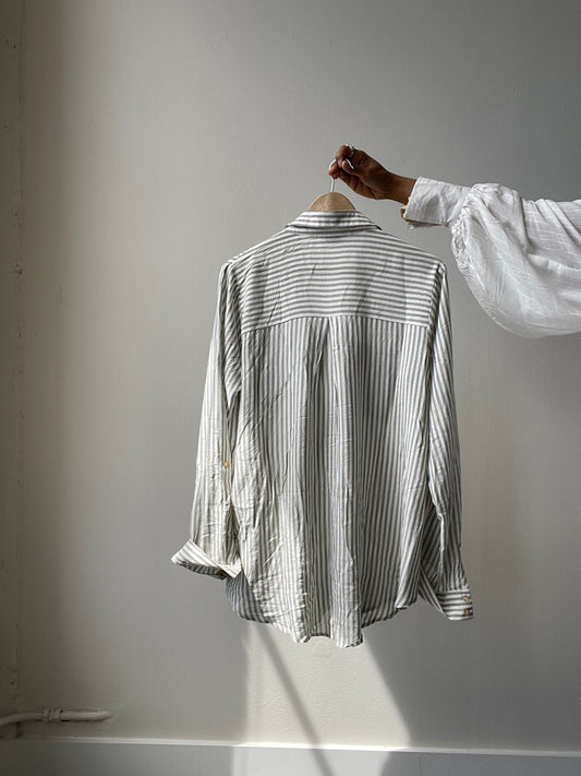 Rachel Oversized Striped Button Down Shirt In Olive