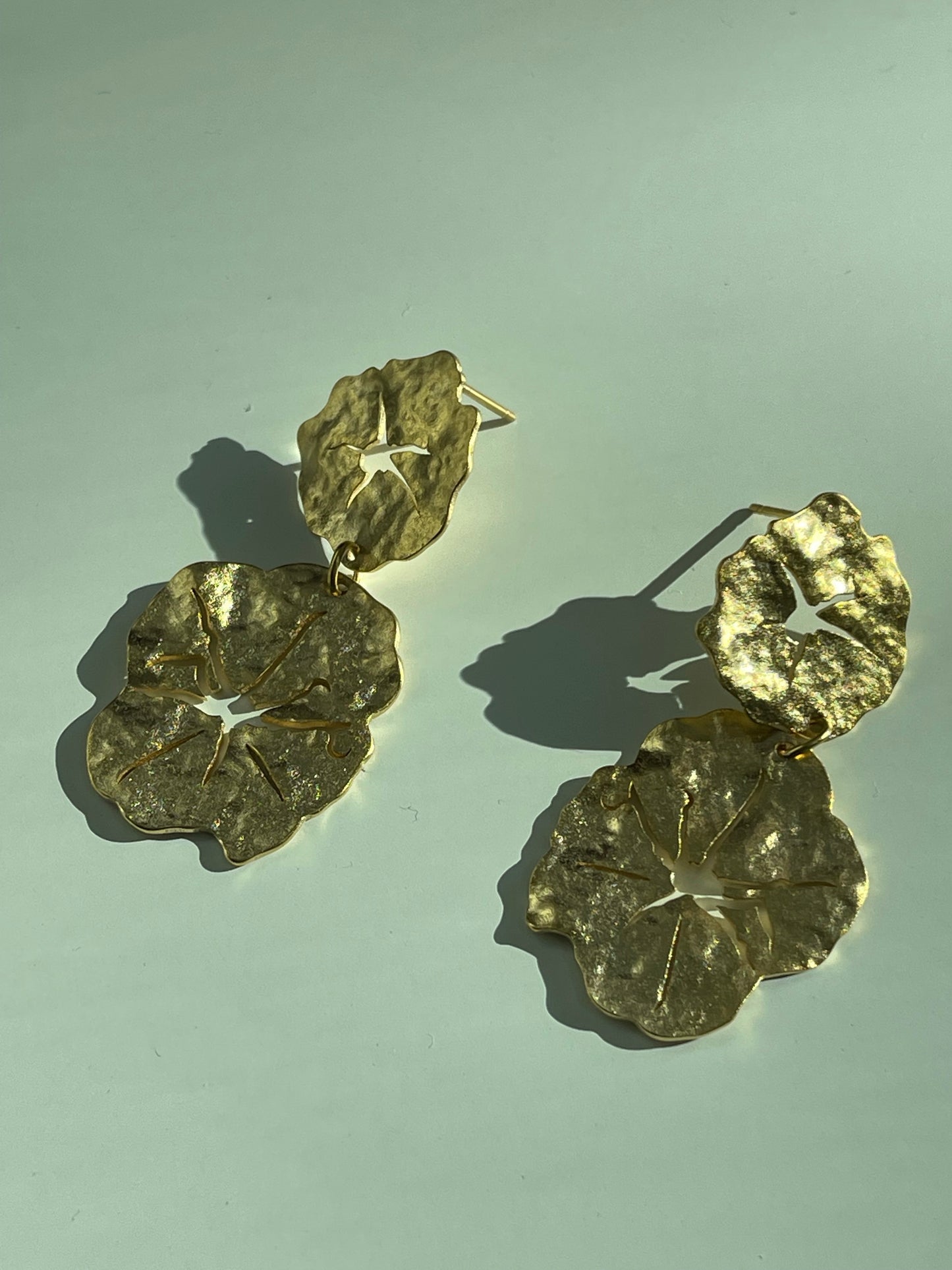 Pressed 14k Gold Dipped Organic Flower Drop Earring In Matte Gold