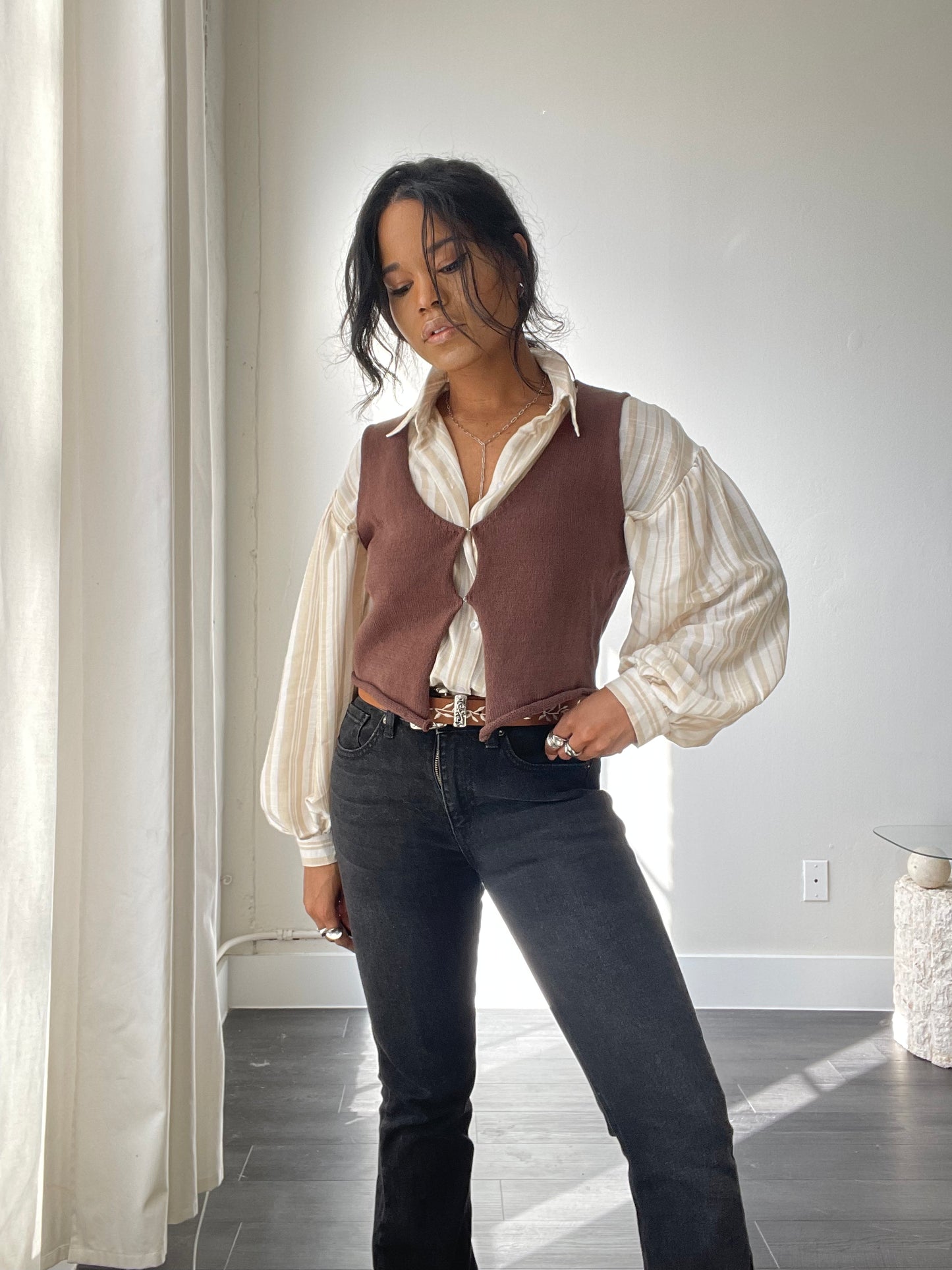 Arlette Double Front Closure Cotton Knit Vest In Brown