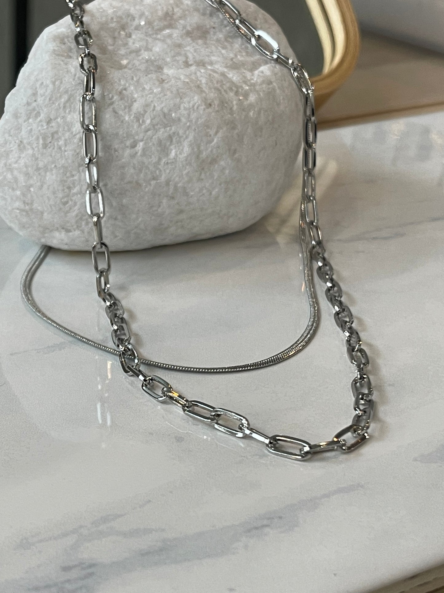 Sani Double Layered Snake & Link Chain Necklace In Silver