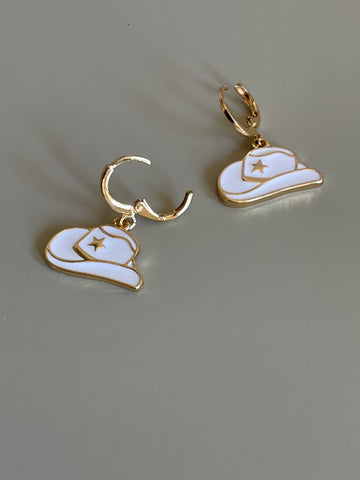 Cowgirl Hat Drop Earring In White
