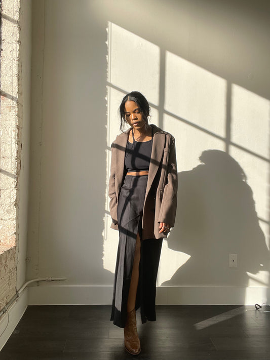 Winona Peekaboo Slit Satin Midi Skirt In Black