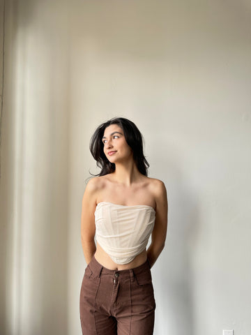 Kelly Mesh Strapless Corset Top In Taupe