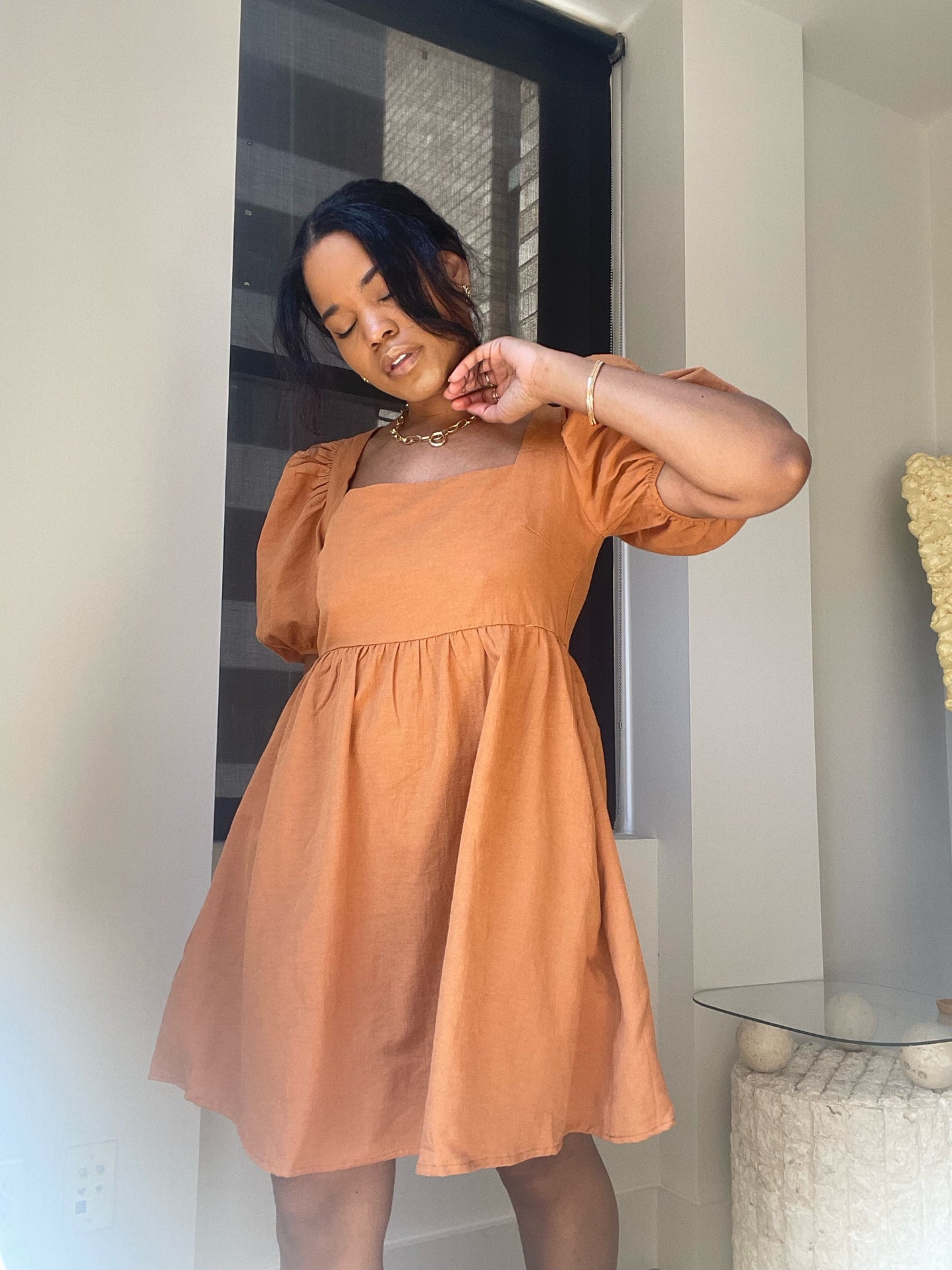 Elena A Line Square Neck Mini Dress In Caramel Brown