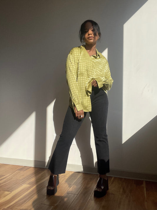 Lindsay Satin Long Sleeve Check Shirt In Green