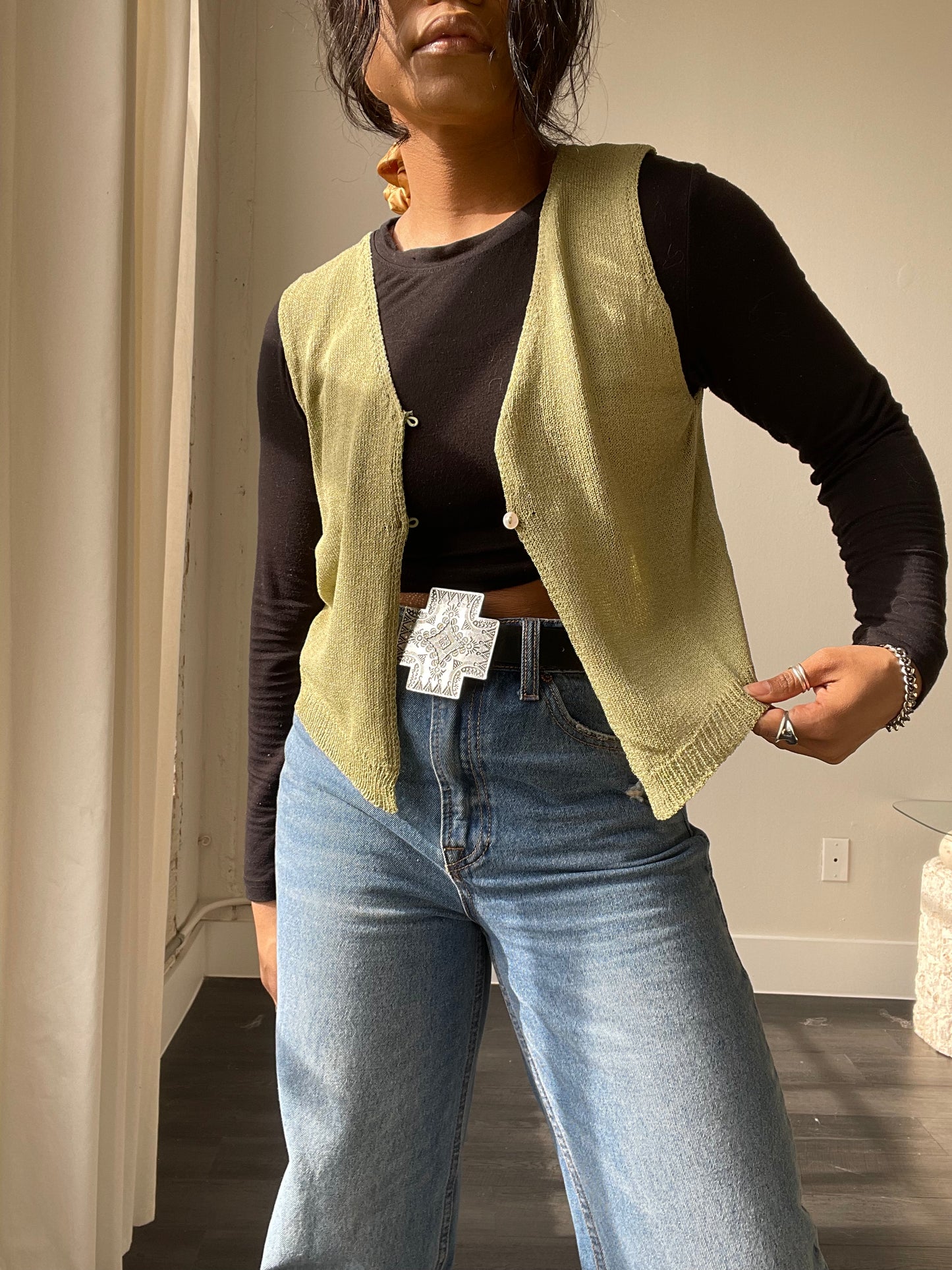 Jolene Button Front Knit Vest In Green
