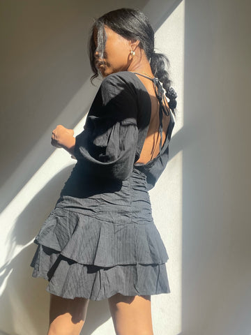 Izzie Open Back Smocked Mini Dress In Black