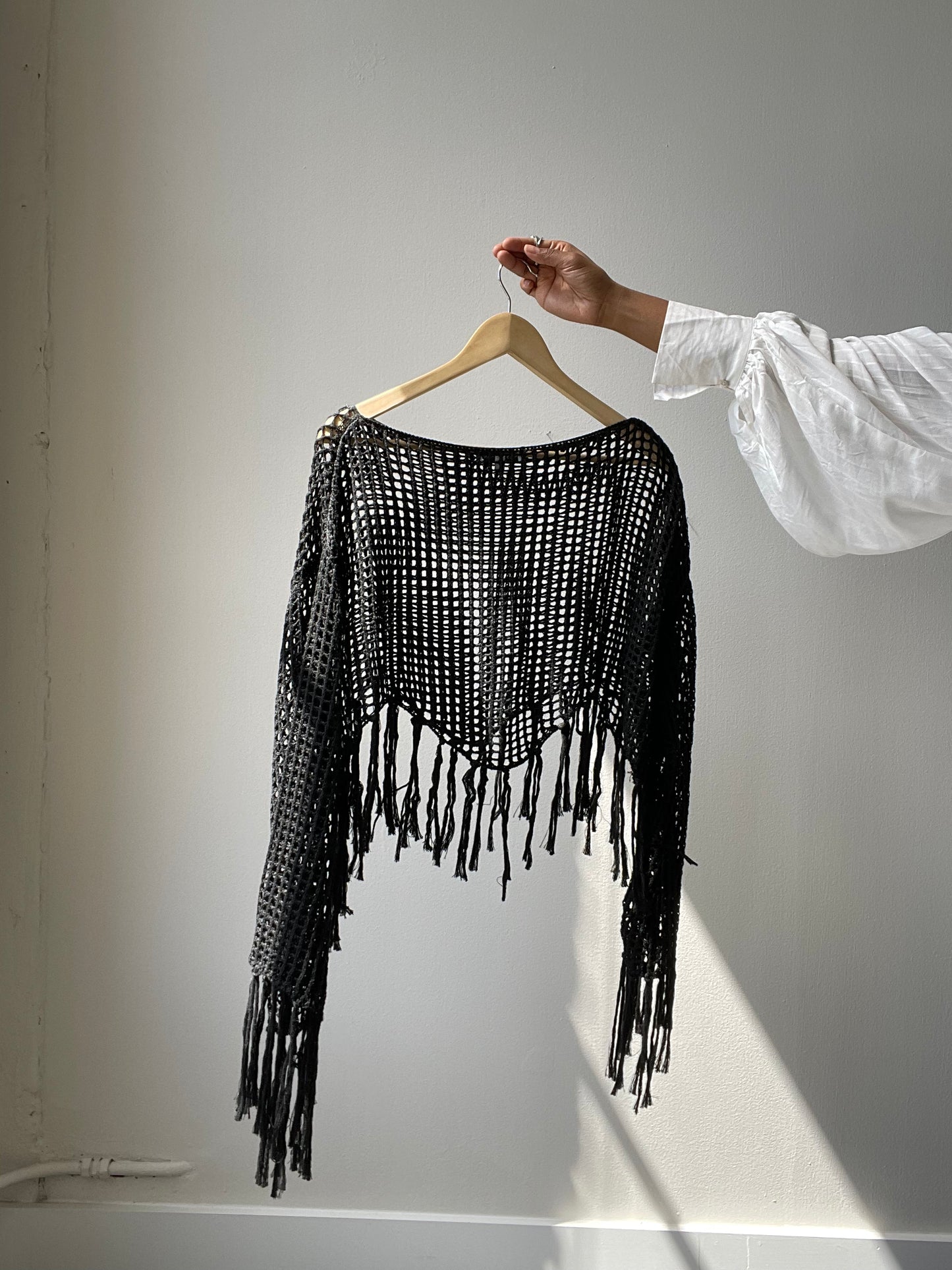 Sagan Crochet Cotton Fringe Long Sleeve Top In Black