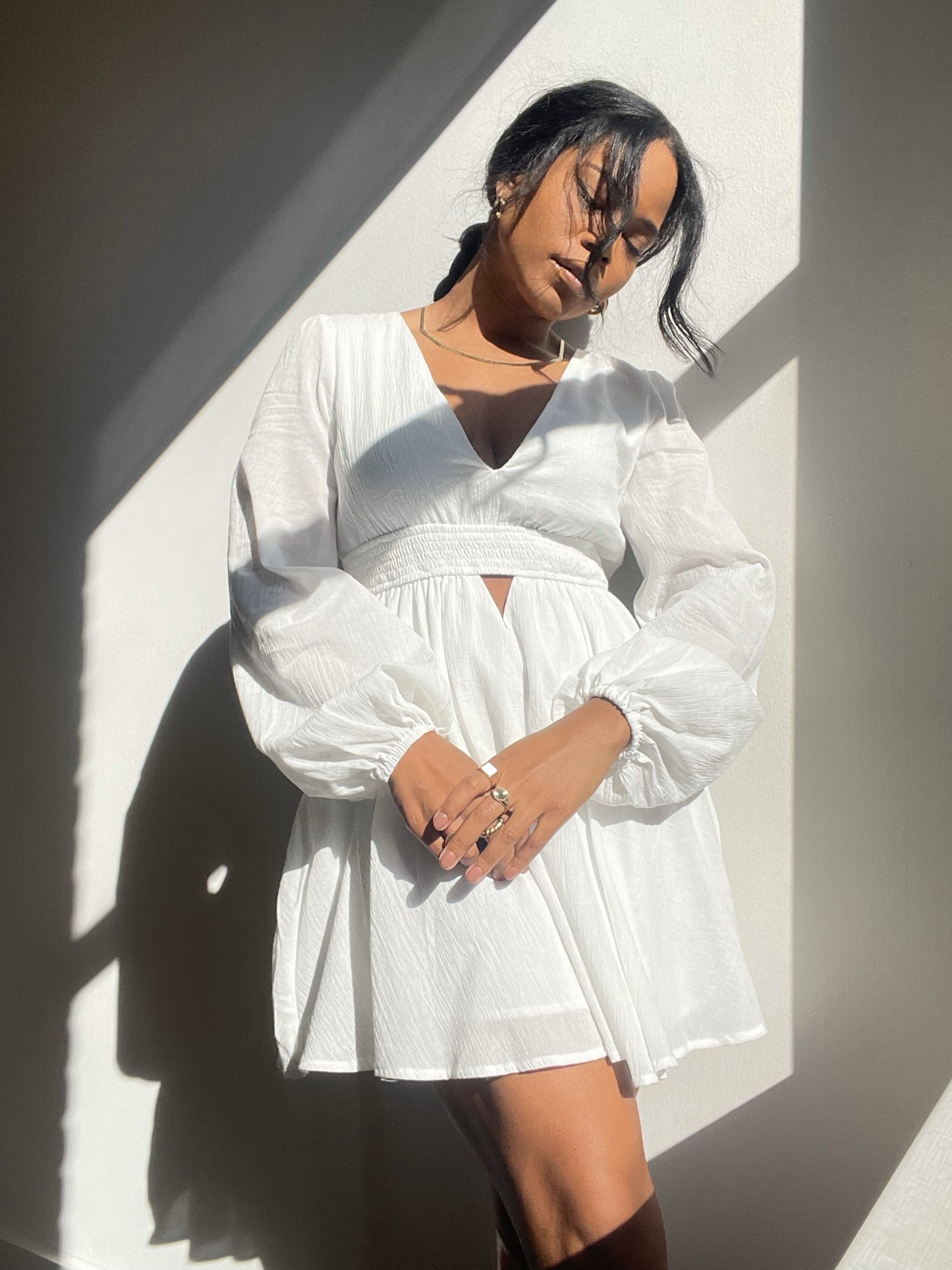 Izzie Long Puff Sleepve Cutout Cotton Dress In White
