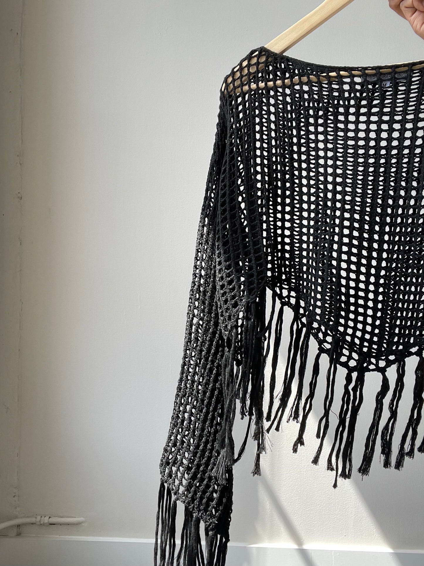 Sagan Crochet Cotton Fringe Long Sleeve Top In Black