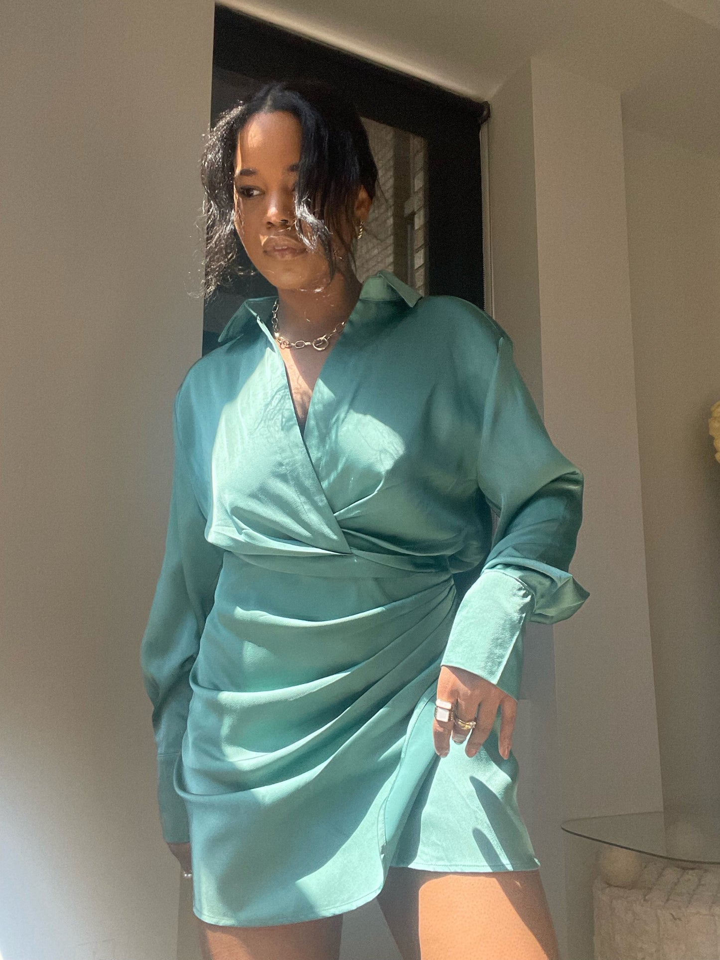 Katie Long Sleeve Rouge Front Mini Dress In Green