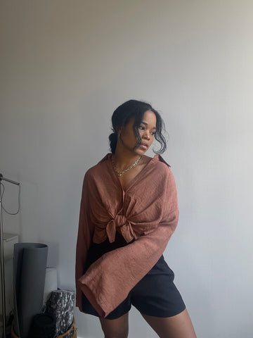Reworked Tie Front Long Sleeve Top In Brown