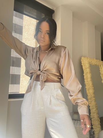 Kylie Tie Front Silky Top In Toast