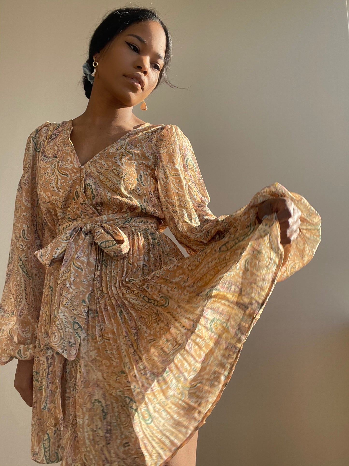 Ginger Pleated Party Dress In Mustard