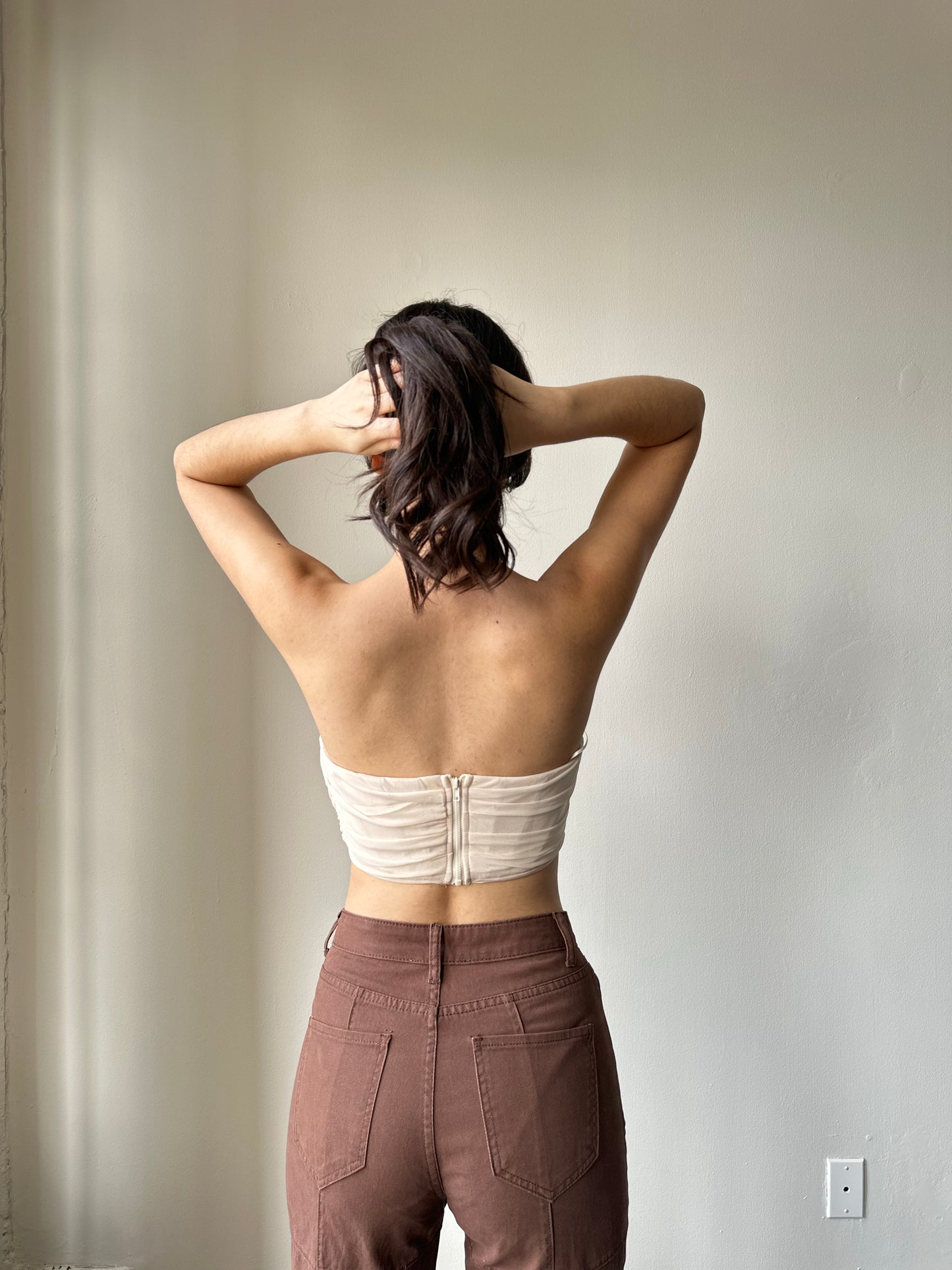 Kelly Mesh Strapless Corset Top In Taupe
